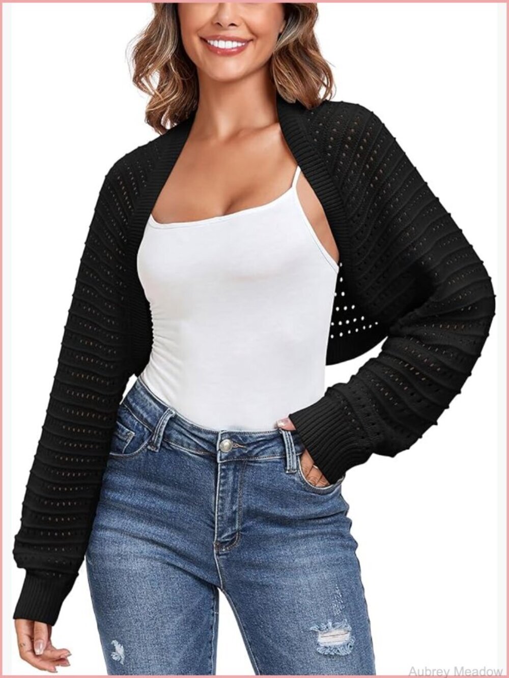 Open Front Ribbed Knit Pointelle Bolero Shrug Cropped Cardigan Long Sleeve Y2K